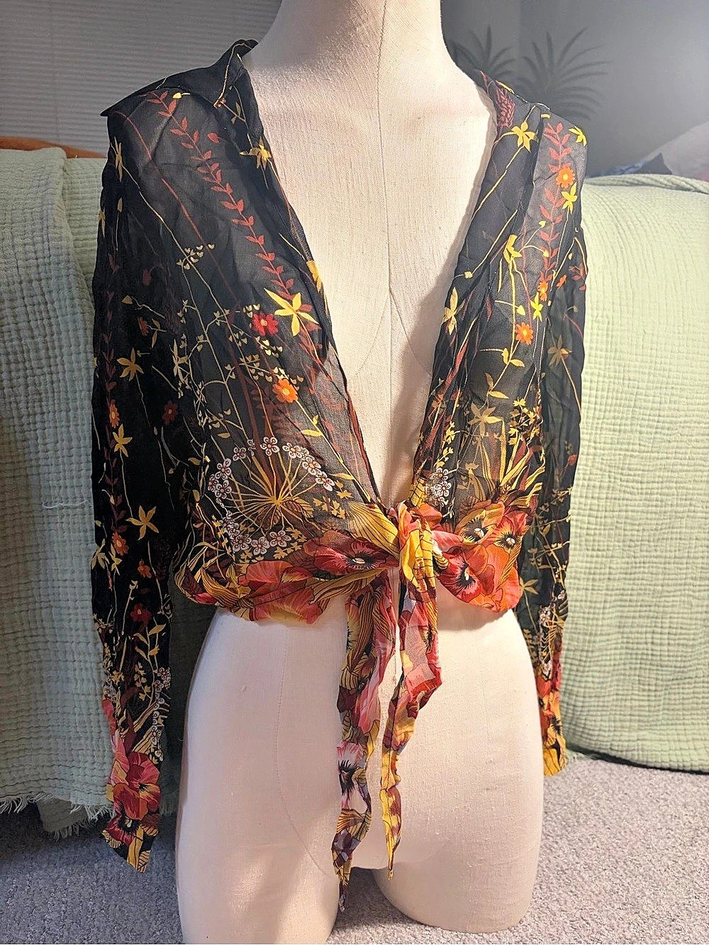 Chico's Floral Tie-Front Silk Blouse Black & Red Size 0
